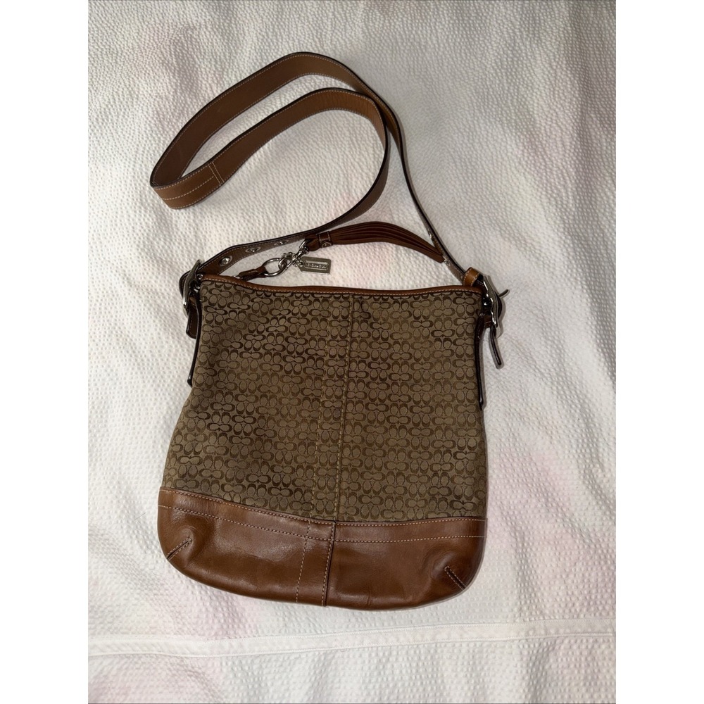 Authentic COACH F10944 Mini Signature Shoulder Bag Beige Brown Canvas Leather